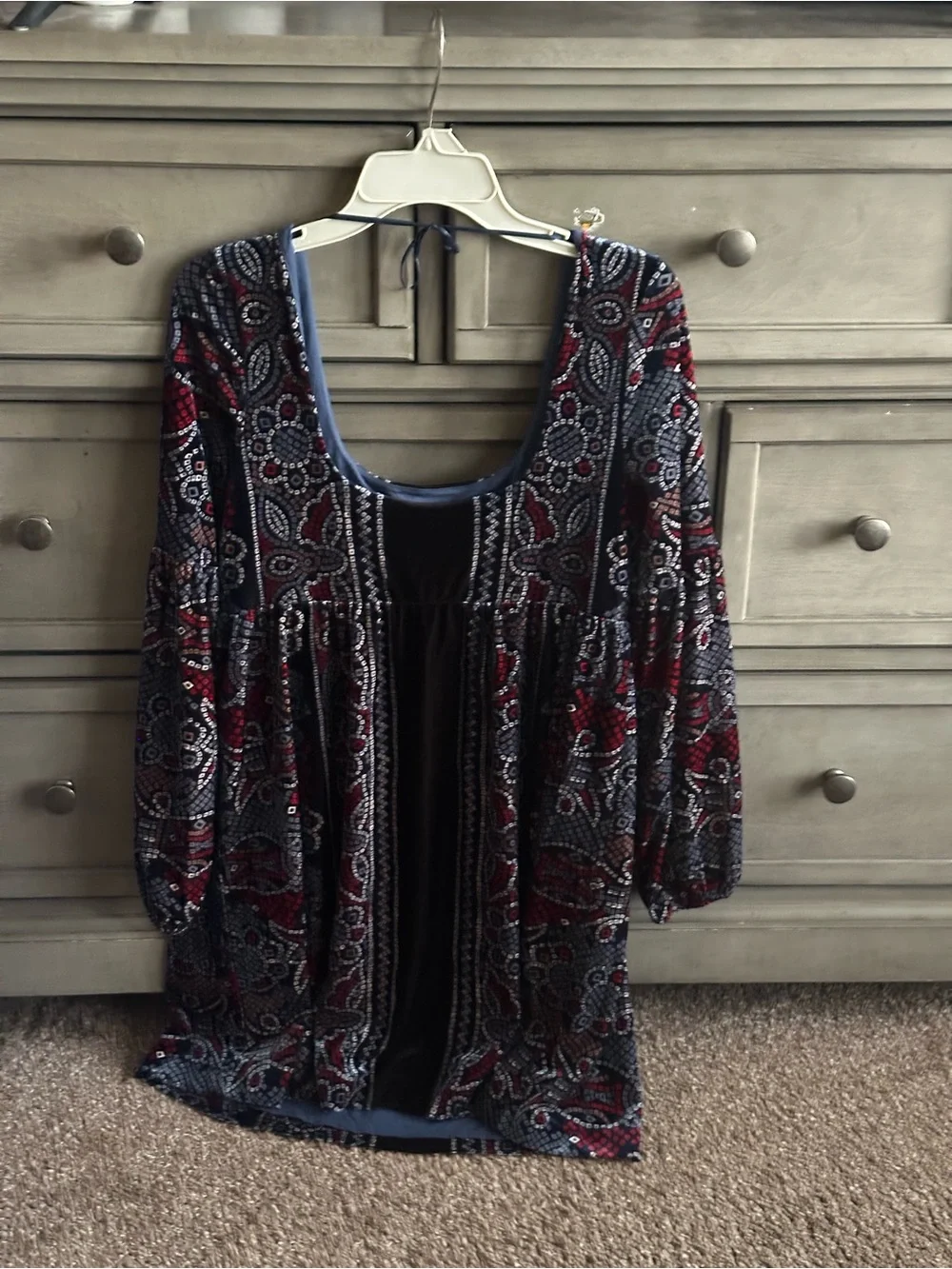 Free People Oh So Easy Velvet Babydoll Dress. Burgundy & Teal Size Large